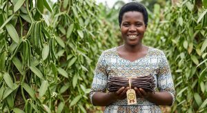 A happy successful ITK Agro partner Vanilla farmer in her farm
